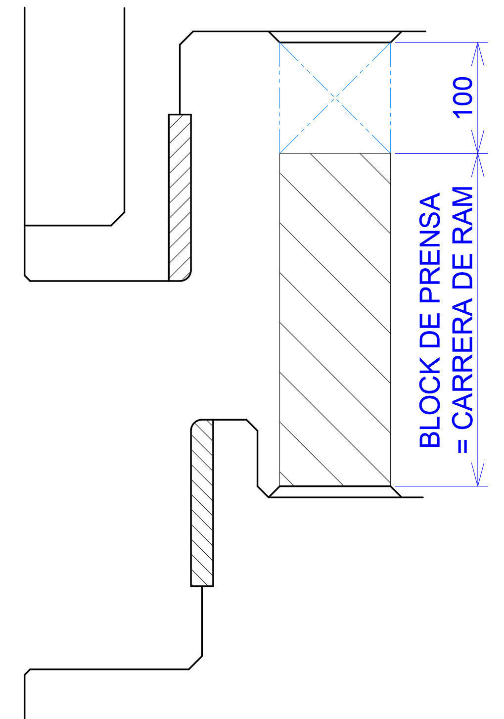 Cross?sectional engineering diagram of a vertical press block with a ram inside a U?shaped housing; shows a 100 mm ram travel and a shaded ram area. Reverse text along the side reads 'BLOCK DE PRENSA = CARRERA DE RAM'.
